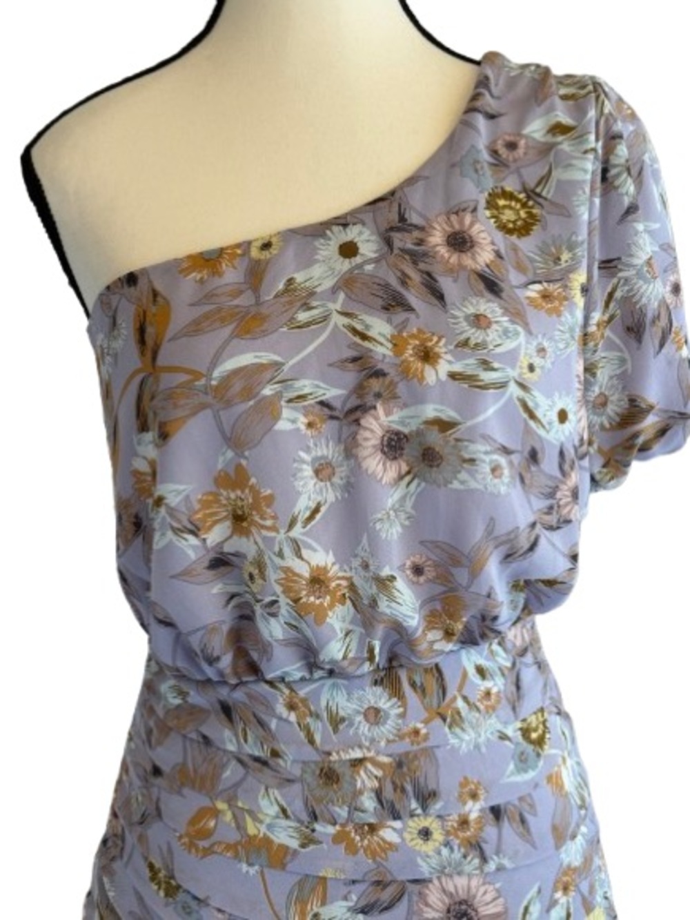 ASTR The Label Periwinkle Floral One Shoulder Ruched Mini Dress S Wedding Guest - Picture 3 of 7